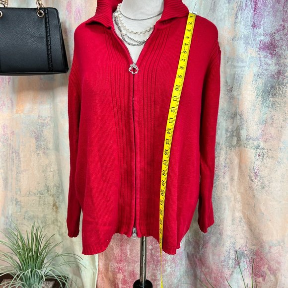 VTG📌Casual W.E.A.R Cotton Blend 2-Way Zipper Fire Red Cardigan with Collar - Picture 7 of 16